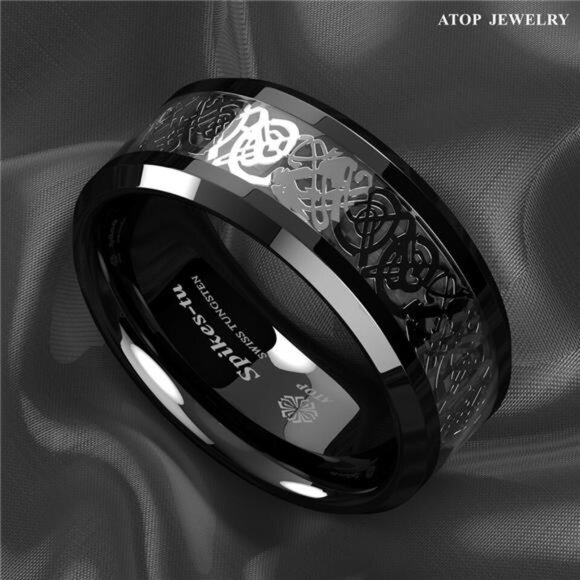 Men's Wedding Band - Silver Celtic Dragon Black Tungsten Carbon Ring for Men - Picture 5 of 7